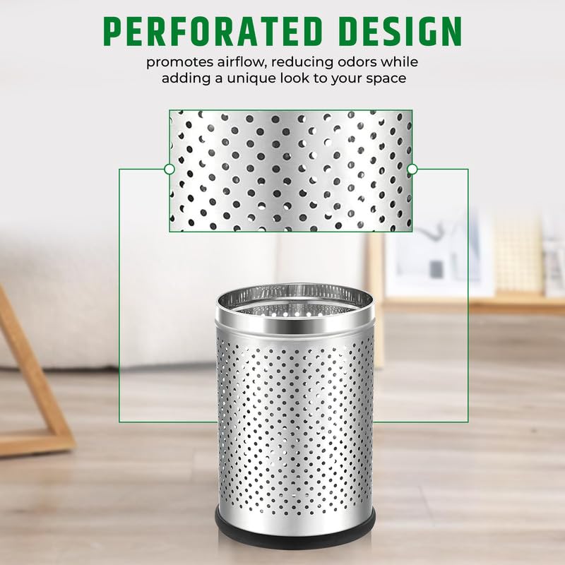 ROBUSTT Robustt Stainless Steel Perforated Design Open Top Dustbin - 6L | 7 Inch (W) x 10Inch (H)| Silver Trash Can with Anti-skid Base | For Bathroom, Bedroom, Kitchen & Toilet or Commericial Use - Pack of 1  - Image 5