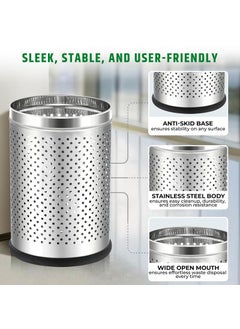 ROBUSTT Robustt Stainless Steel Perforated Design Open Top Dustbin - 6L | 7 Inch (W) x 10Inch (H)| Silver Trash Can with Anti-skid Base | For Bathroom, Bedroom, Kitchen & Toilet or Commericial Use - Pack of 1  - Image 2