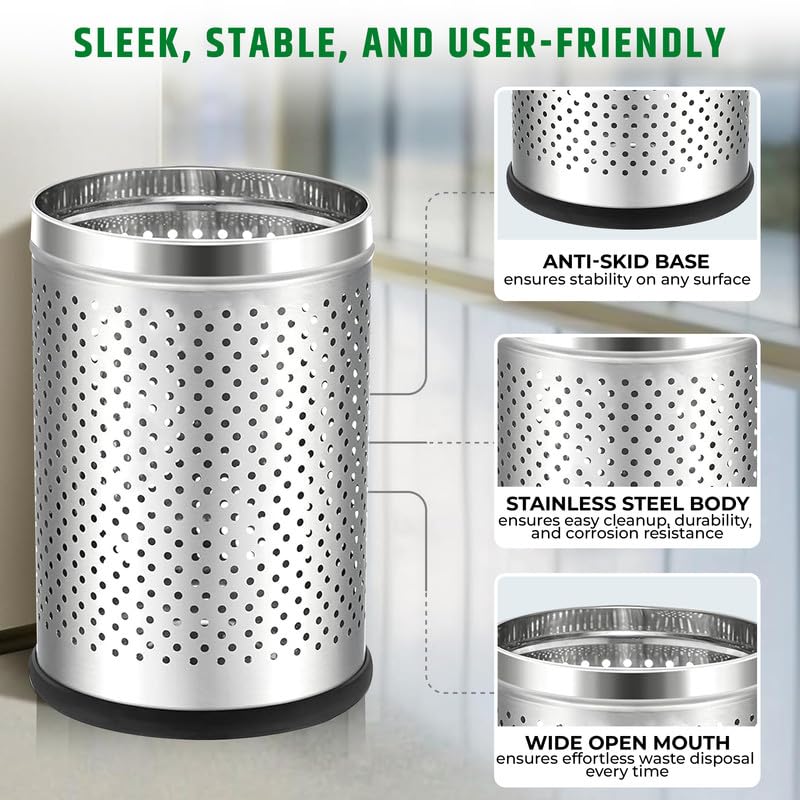 ROBUSTT Robustt Stainless Steel Perforated Design Open Top Dustbin - 6L | 7 Inch (W) x 10Inch (H)| Silver Trash Can with Anti-skid Base | For Bathroom, Bedroom, Kitchen & Toilet or Commericial Use - Pack of 1  - Image 2
