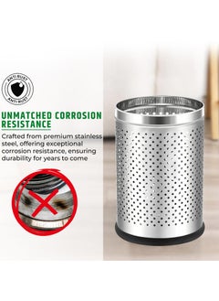 ROBUSTT Robustt Stainless Steel Perforated Design Open Top Dustbin - 6L | 7 Inch (W) x 10Inch (H)| Silver Trash Can with Anti-skid Base | For Bathroom, Bedroom, Kitchen & Toilet or Commericial Use - Pack of 1  - Image 3