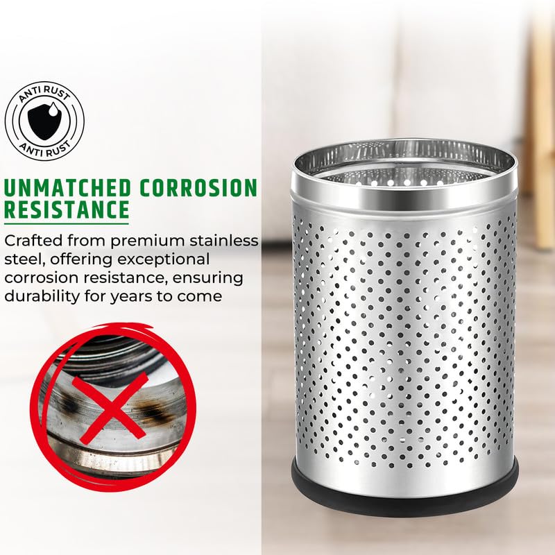 ROBUSTT Robustt Stainless Steel Perforated Design Open Top Dustbin - 6L | 7 Inch (W) x 10Inch (H)| Silver Trash Can with Anti-skid Base | For Bathroom, Bedroom, Kitchen & Toilet or Commericial Use - Pack of 1  - Image 3