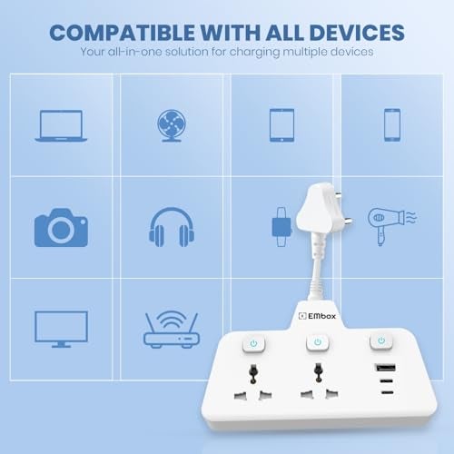 EMBOX Multi Plug Socket 2500W | Extension Board with Switches | QC 3.0 Type C USB Fast Charging | 2 Universal Socket Extension Cord, White - Image 4