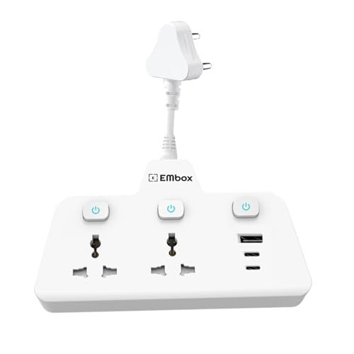 EMBOX Multi Plug Socket 2500W | Extension Board with Switches | QC 3.0 Type C USB Fast Charging | 2 Universal Socket Extension Cord, White - Image 1