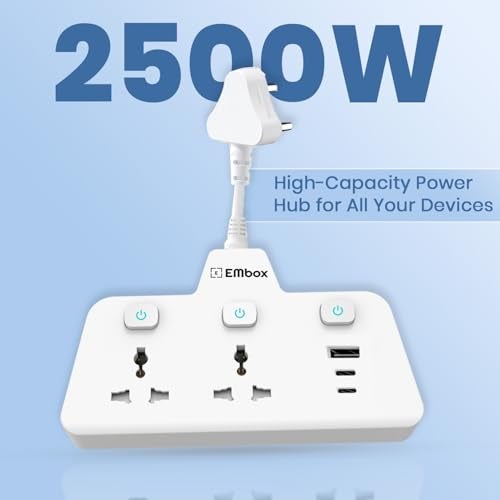 EMBOX Multi Plug Socket 2500W | Extension Board with Switches | QC 3.0 Type C USB Fast Charging | 2 Universal Socket Extension Cord, White - Image 5