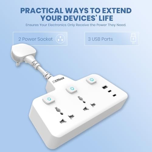 EMBOX Multi Plug Socket 2500W | Extension Board with Switches | QC 3.0 Type C USB Fast Charging | 2 Universal Socket Extension Cord, White - Image 2