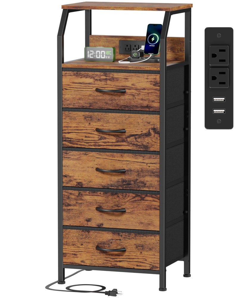 Furnulem 5 Drawers Dresser with Charging Station, Tall Night Stand with Storage Shelf, Fabric Chest of Drawers, Bedside Table for Closet, Entryway, Bedroom Furniture, 3 Ways to Use, Rustic Brown - Image 1