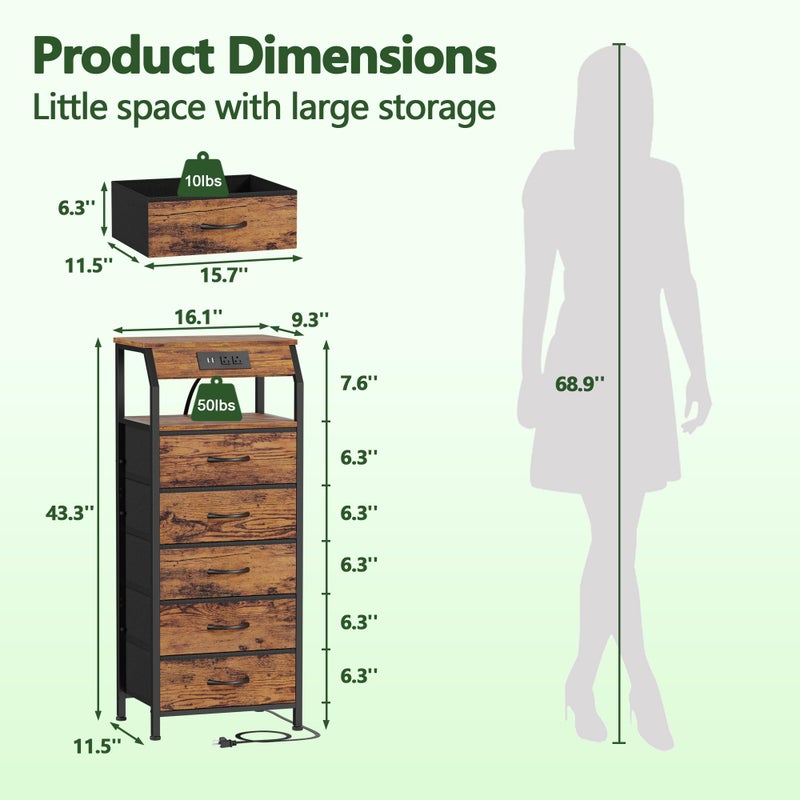 Furnulem 5 Drawers Dresser with Charging Station, Tall Night Stand with Storage Shelf, Fabric Chest of Drawers, Bedside Table for Closet, Entryway, Bedroom Furniture, 3 Ways to Use, Rustic Brown - Image 3