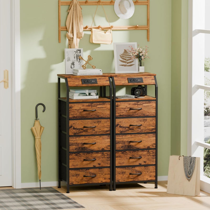 Furnulem 5 Drawers Dresser with Charging Station, Tall Night Stand with Storage Shelf, Fabric Chest of Drawers, Bedside Table for Closet, Entryway, Bedroom Furniture, 3 Ways to Use, Rustic Brown - Image 4