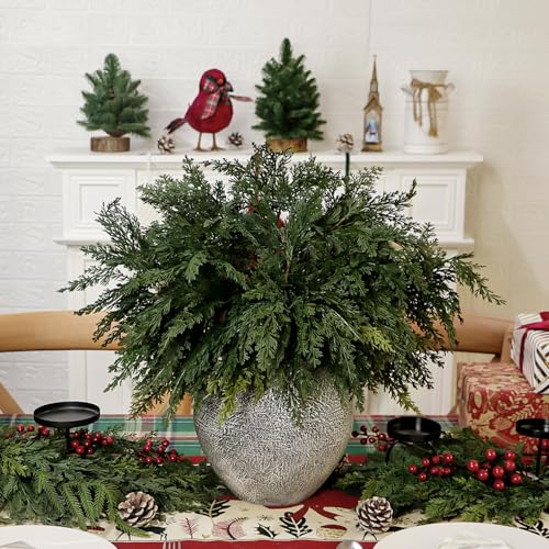 Kunjocy 22 Inch Long Artificial Cedar Pine Branches Real Touch Pack of 5 Christmas Greenery Stems Faux Cypress Picks Cedar Tree Leaves Sprigs for Vase Fillers Winter Holiday Home Decoration (5, Green) - Image 3