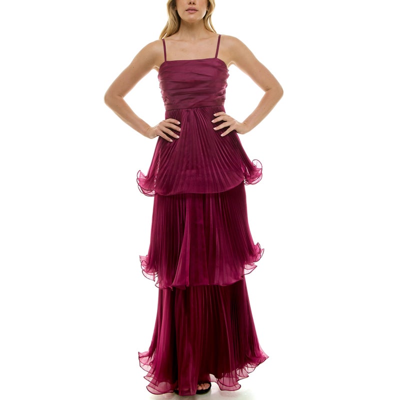 Taylor Dresses Women's Square Neck Spaghetti Strap All Over Pleated Tiered Ruched Bodice Gown, Beaujolias, 12