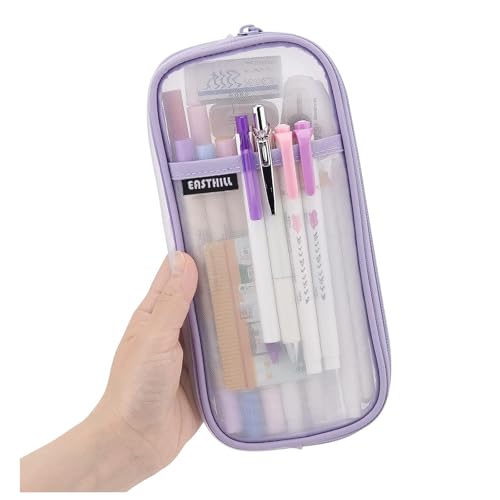 EASTHILL Grid Mesh Pen Pencil Case with Zipper Clear Makeup Color Pouch Cosmetics Bag Multi-Purpose Travel School Teen Girls Transparent Stationary Bag Office Organizer Box for Adluts(Purple) - Image 1