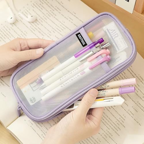 EASTHILL Grid Mesh Pen Pencil Case with Zipper Clear Makeup Color Pouch Cosmetics Bag Multi-Purpose Travel School Teen Girls Transparent Stationary Bag Office Organizer Box for Adluts(Purple) - Image 2