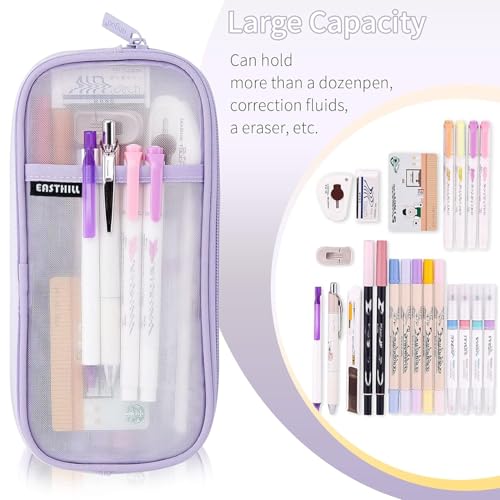 EASTHILL Grid Mesh Pen Pencil Case with Zipper Clear Makeup Color Pouch Cosmetics Bag Multi-Purpose Travel School Teen Girls Transparent Stationary Bag Office Organizer Box for Adluts(Purple) - Image 3