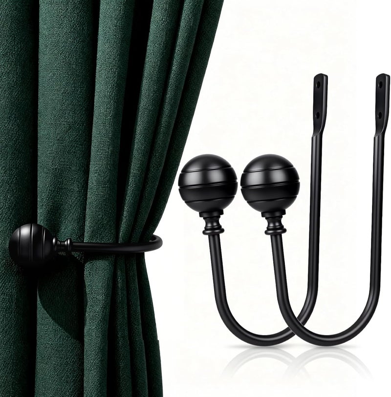 gobutend Large Curtain Holdbacks, 2pcs Curtains Holder Wall Mounted Drapery Tiebacks Retro Window Hook for Home Decor, Matte Black - Image 1
