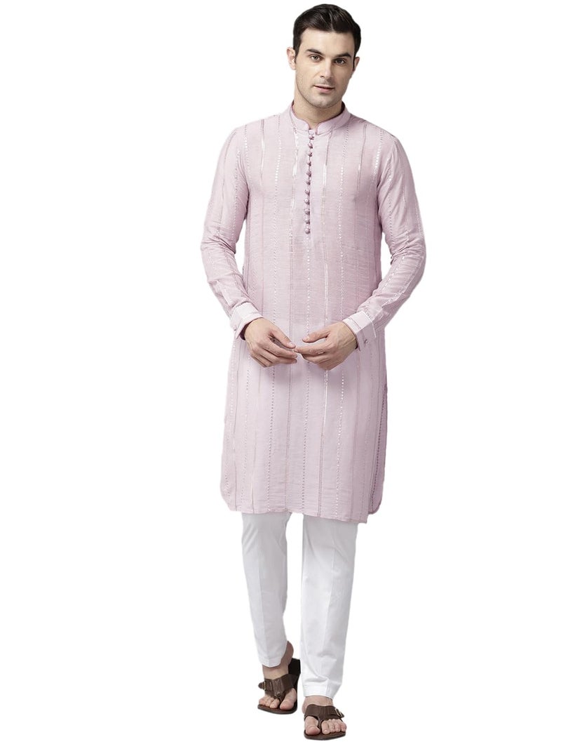 See Designs Pink & White Regular Fit Kurta Set Mandarin Collar Long Sleeves_SDMSKT128301XXL - Image 1