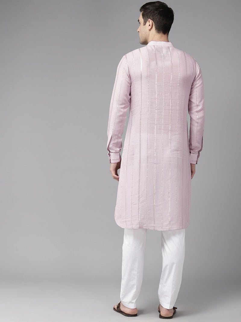 See Designs Pink & White Regular Fit Kurta Set Mandarin Collar Long Sleeves_SDMSKT128301XXL - Image 4