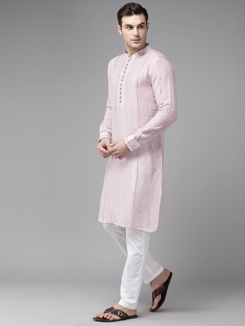 See Designs Pink & White Regular Fit Kurta Set Mandarin Collar Long Sleeves_SDMSKT128301XXL - Image 3