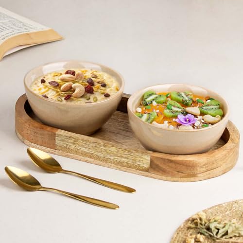 The Earth Store Sage Creamy Ceramic Bowl Serving Set – 2 Bowls (400ml Each) with Wooden Tray & 2 Gold Spoons – Multipurpose for Snacks, Soups & Desserts | Ideal for Gifting - Image 3