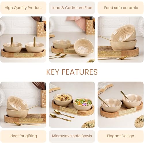 The Earth Store Sage Creamy Ceramic Bowl Serving Set – 2 Bowls (400ml Each) with Wooden Tray & 2 Gold Spoons – Multipurpose for Snacks, Soups & Desserts | Ideal for Gifting - Image 4