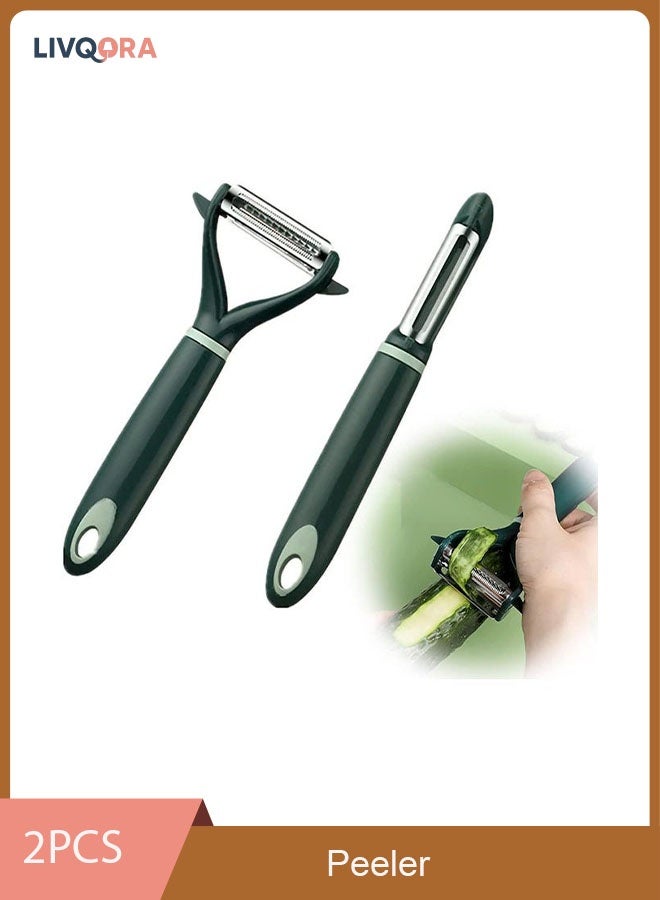 LIVQORA 2PCS Stainless Steel Fruit & Vegetable Peelers – Double-Sided Grater & Straight Peeler Set for Potato, Apple, Carrot, Mango, Cucumber – Easy Grip Kitchen Tool (Green) - Image 1