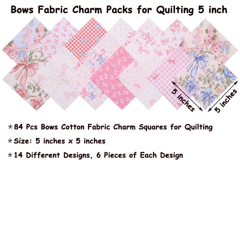 Hanjunzhao Valentines Blue Pink Bow Fabric Charm Packs for Quilting 5 inch, 84 Pcs Cotton Fabric Quilt Squares 5x5 for Quilting, Sewing, DIY Bowknot, Hair Accessories, Holiday Party Decor, Bows - Image 2