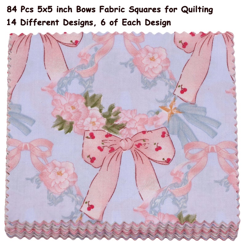 Hanjunzhao Valentines Blue Pink Bow Fabric Charm Packs for Quilting 5 inch, 84 Pcs Cotton Fabric Quilt Squares 5x5 for Quilting, Sewing, DIY Bowknot, Hair Accessories, Holiday Party Decor, Bows - Image 4