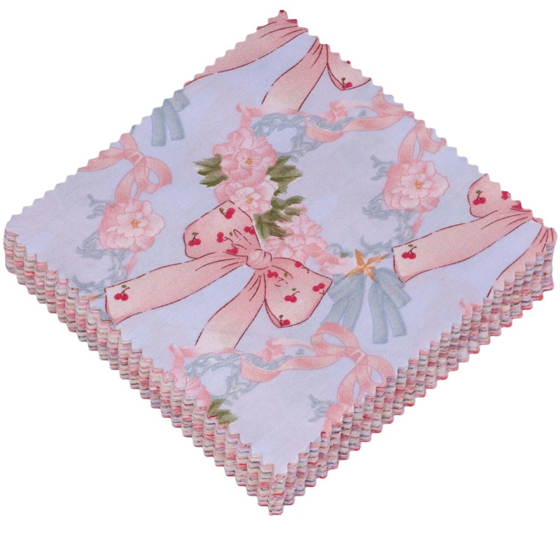 Hanjunzhao Valentines Blue Pink Bow Fabric Charm Packs for Quilting 5 inch, 84 Pcs Cotton Fabric Quilt Squares 5x5 for Quilting, Sewing, DIY Bowknot, Hair Accessories, Holiday Party Decor, Bows - Image 1