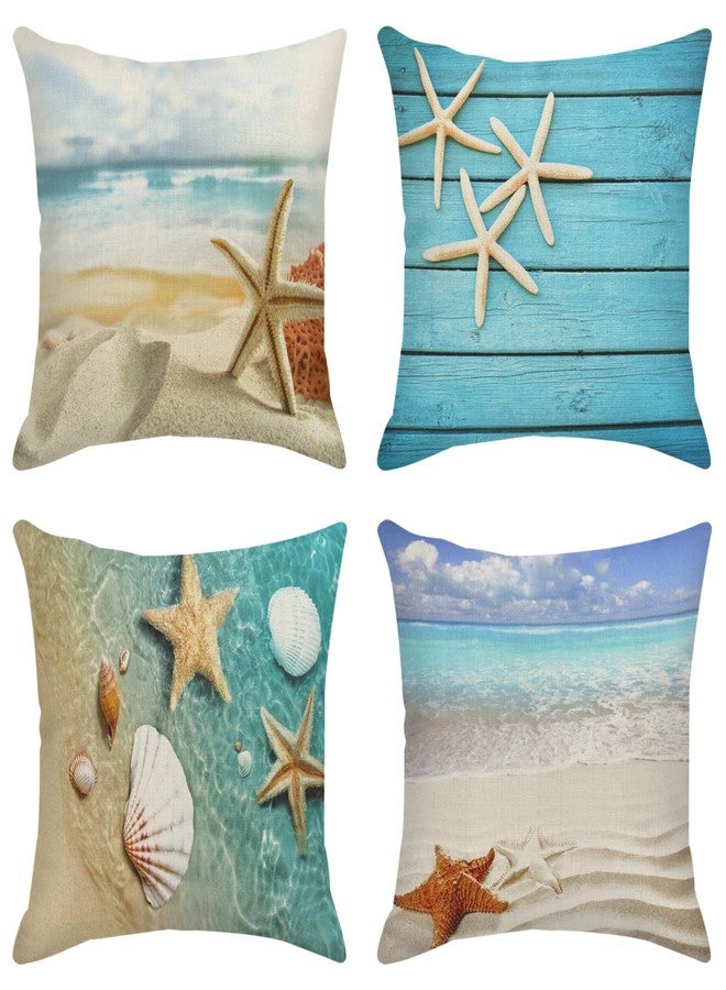 ArtSocket Set of 4 Throw Pillow Covers Starfish and Seashell Summer Beach in Sea Water Time Caribbean Decor Linen Pillow Cases Home Decorative Square 16x16 Inches Pillowcases - Image 1