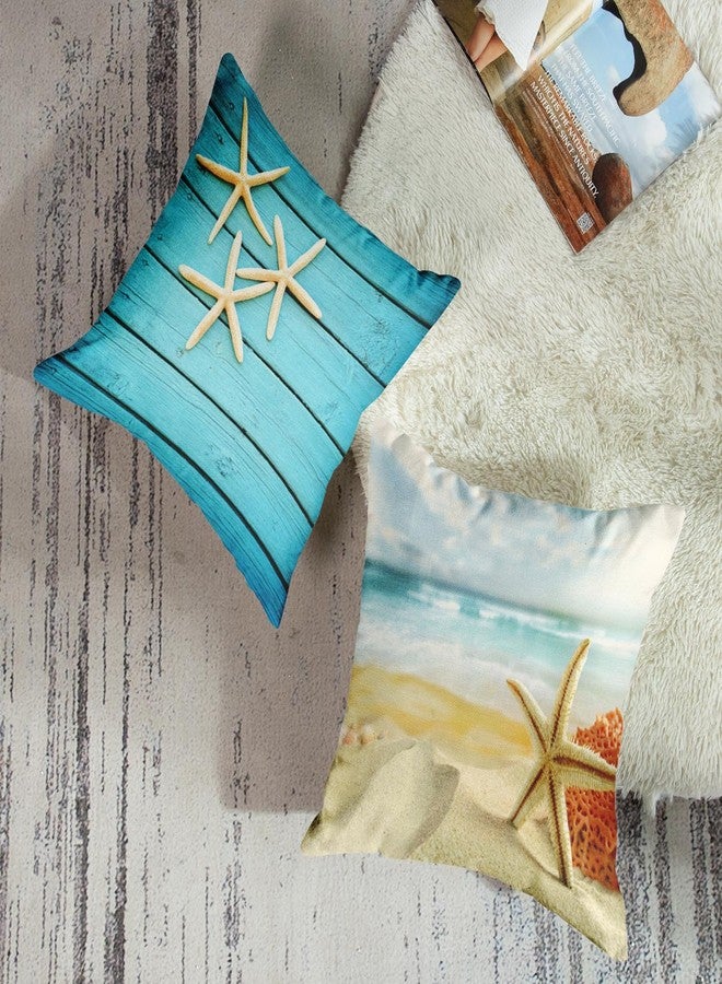 ArtSocket Set of 4 Throw Pillow Covers Starfish and Seashell Summer Beach in Sea Water Time Caribbean Decor Linen Pillow Cases Home Decorative Square 16x16 Inches Pillowcases - Image 3