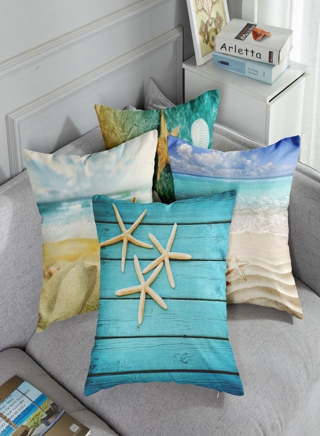 ArtSocket Set of 4 Throw Pillow Covers Starfish and Seashell Summer Beach in Sea Water Time Caribbean Decor Linen Pillow Cases Home Decorative Square 16x16 Inches Pillowcases - Image 5