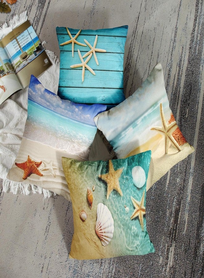 ArtSocket Set of 4 Throw Pillow Covers Starfish and Seashell Summer Beach in Sea Water Time Caribbean Decor Linen Pillow Cases Home Decorative Square 16x16 Inches Pillowcases - Image 2