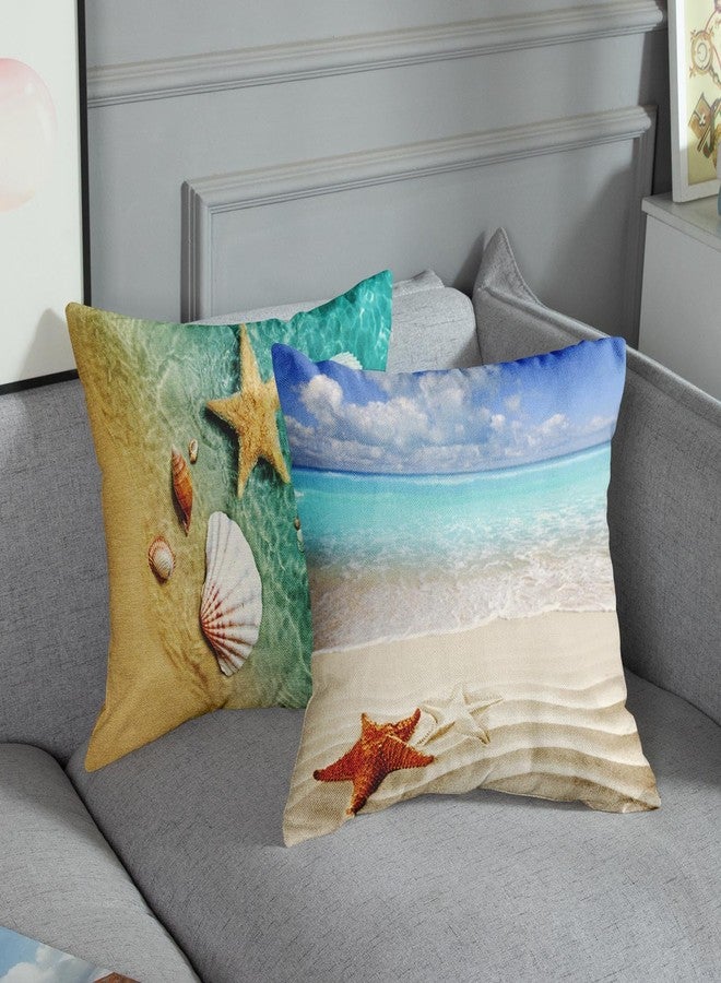 ArtSocket Set of 4 Throw Pillow Covers Starfish and Seashell Summer Beach in Sea Water Time Caribbean Decor Linen Pillow Cases Home Decorative Square 16x16 Inches Pillowcases - Image 4