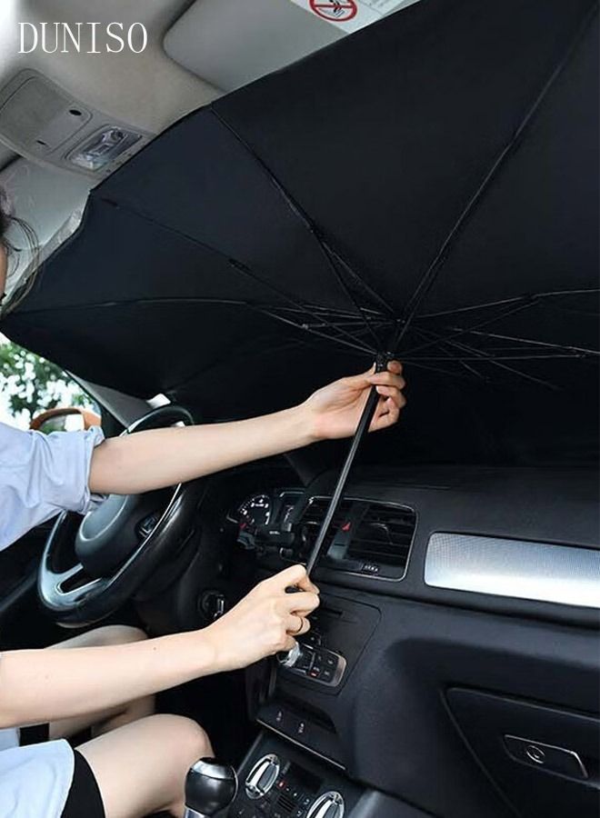 DUNISO Car Windshield Sunshade Umbrella Pull Ring Car Sun Shade Front Window Cover Foldable Sunshade Umbrella for UV Ray Block Sun Heat Protection for Most Vehicles Automotive Interior - Image 2