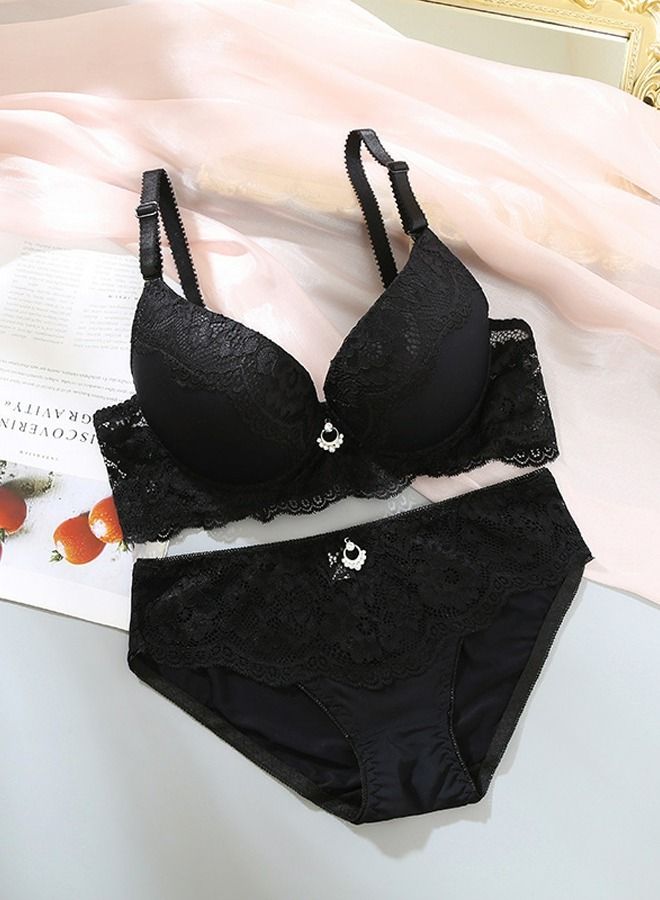 Loquat Solid Color B C Cup Thin Cup Lace Bra Panty Set Women's Underwear Set Black 