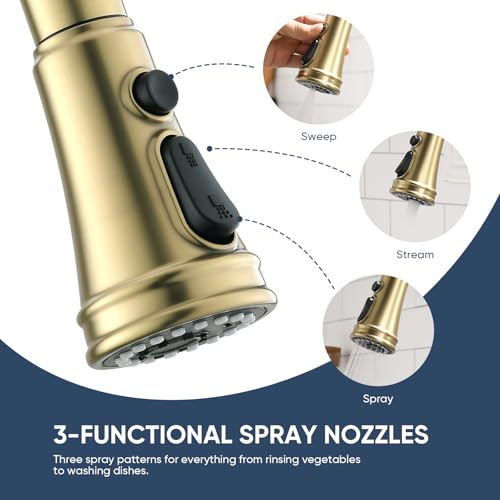 WEWE Vintage Kitchen Faucet with Pull Down Sprayer, Stainless Steel 1 or 3 Hole High Arc Single Handle Antique Sink Faucet for Classic Modern Ktichen, Gold - Image 4