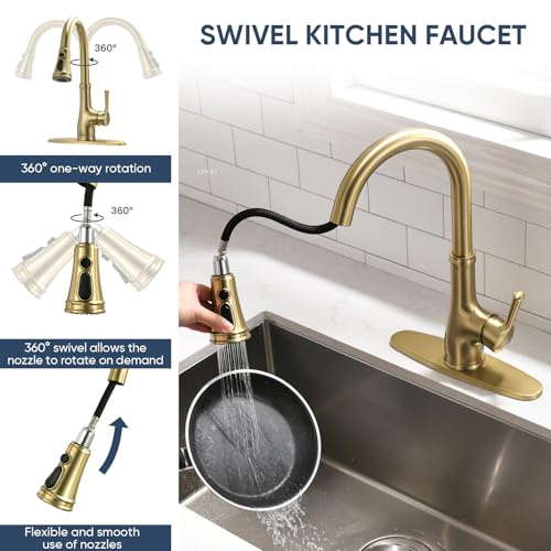 WEWE Vintage Kitchen Faucet with Pull Down Sprayer, Stainless Steel 1 or 3 Hole High Arc Single Handle Antique Sink Faucet for Classic Modern Ktichen, Gold - Image 5