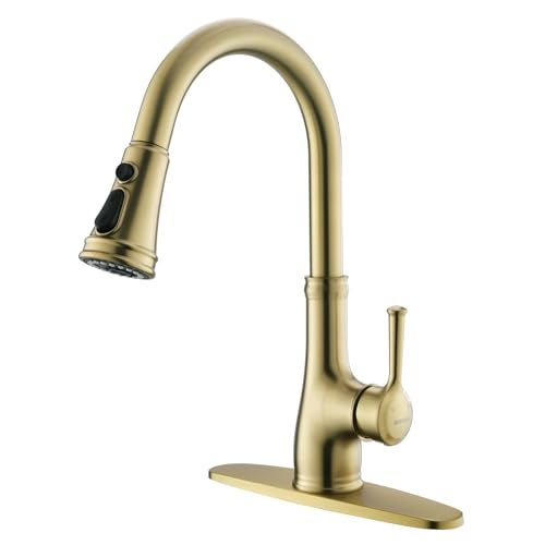 WEWE Vintage Kitchen Faucet with Pull Down Sprayer, Stainless Steel 1 or 3 Hole High Arc Single Handle Antique Sink Faucet for Classic Modern Ktichen, Gold - Image 1