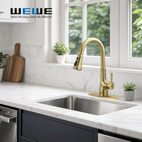 WEWE Vintage Kitchen Faucet with Pull Down Sprayer, Stainless Steel 1 or 3 Hole High Arc Single Handle Antique Sink Faucet for Classic Modern Ktichen, Gold - Image 2