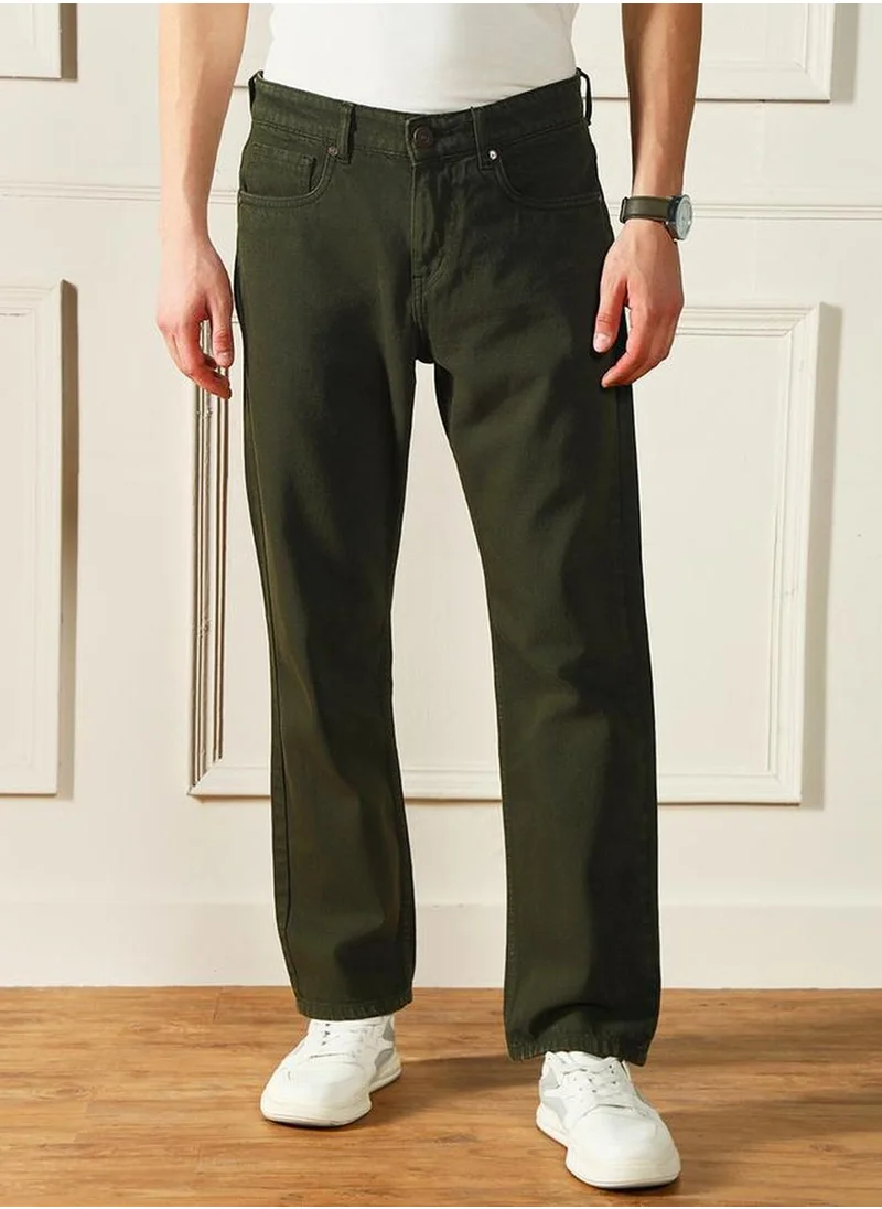 دينيس لينغو Men's Olive 100% Cotton Solid Full Length Relaxed Fit Jeans