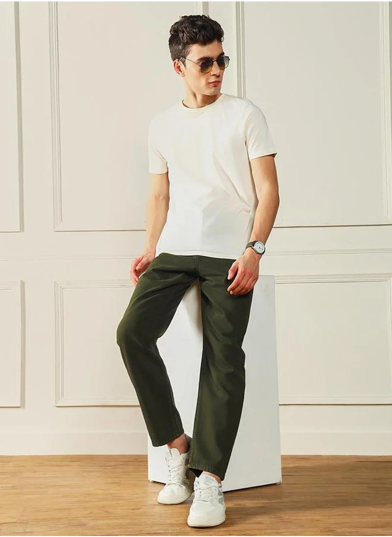 دينيس لينغو Men's Olive 100% Cotton Solid Full Length Relaxed Fit Jeans