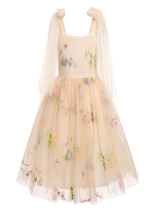 ODOLDI Embroidered Flower Girl Dress Toddler Sleeveless Spaghetti Straps Floral Embroidered Dress Baby Girl Dress Wedding Birthday Formal Party Photoshoot Tulle Dresses Apricot 5-6 Years - Image 1