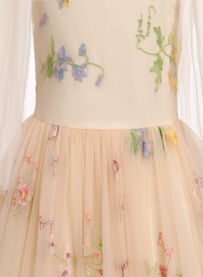 ODOLDI Embroidered Flower Girl Dress Toddler Sleeveless Spaghetti Straps Floral Embroidered Dress Baby Girl Dress Wedding Birthday Formal Party Photoshoot Tulle Dresses Apricot 5-6 Years - Image 4