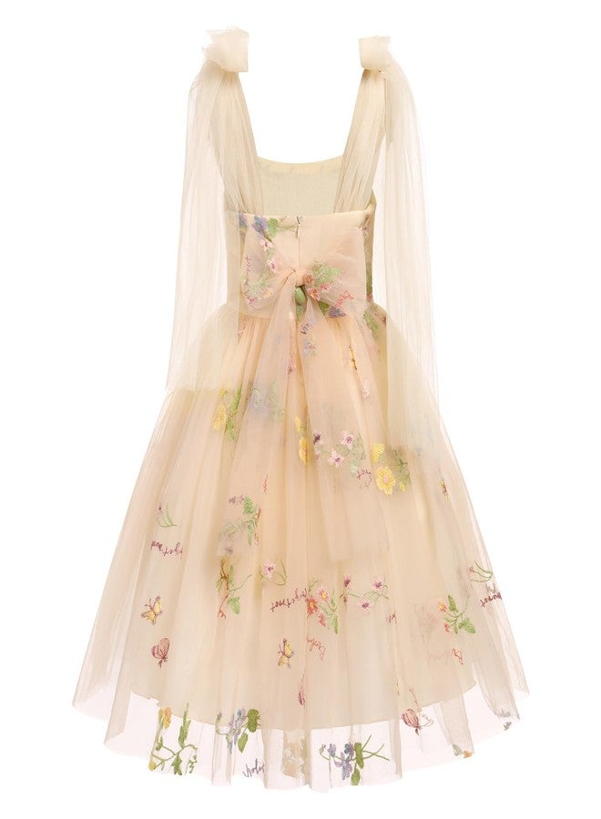 ODOLDI Embroidered Flower Girl Dress Toddler Sleeveless Spaghetti Straps Floral Embroidered Dress Baby Girl Dress Wedding Birthday Formal Party Photoshoot Tulle Dresses Apricot 5-6 Years - Image 3