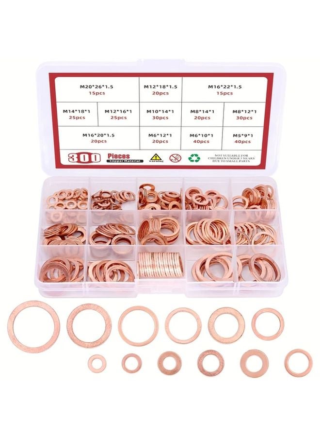 300pcs Copper Washer Assortment Kit Flat Ring Sealing Washers 12 Sizes - Image 1