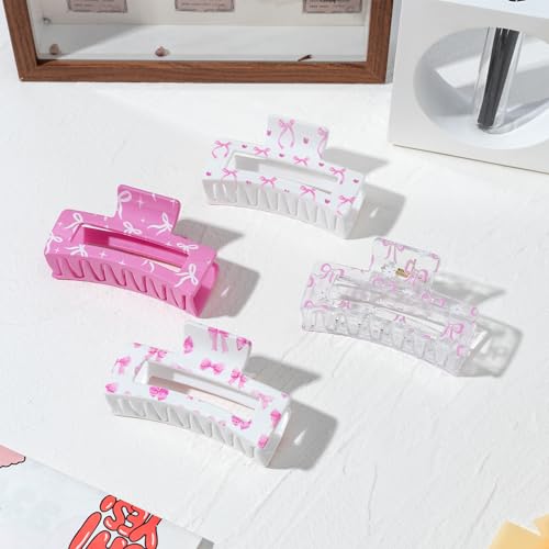 PANTIDE 4Pcs Coquette Pink Bow Hair Claw Clips for Women Girls - Cute Bow Preppy Trendy Rectangle Nonslip Banana Hair Clips, Thin Thick Short Long Curly Accessories, Birthday Bachelorette Wedding Gift - Image 4