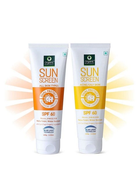 Sunscreen Spf 60 All Skin & Spf 60 Oily Skin Type Combo With Blue Light Technology Protects From Harmful Uva & Uvb Rays Pa+++ 100% Organic 100Gm (Pack Of 2)