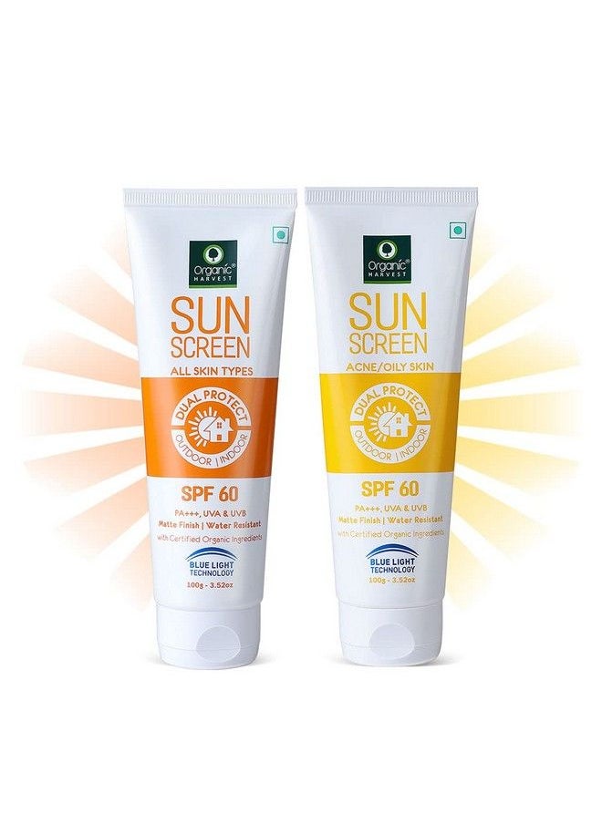 Organic Harvest - Sunscreen Spf 60 All Skin & Spf 60 Oily Skin Type Combo With Blue Light Technology Protects From Harmful Uva & Uvb Rays Pa+++ 100% Organic 100Gm (Pack Of 2) - Image 1