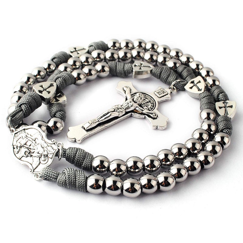 HanlinCC Large and Heavy Stainless Steel Beads Rugged Durable Paracord Rosary Necklace for Men with St.Michael Center Piece and St.Benedict Crucifix (Grey Paracord Rosary) - Image 3