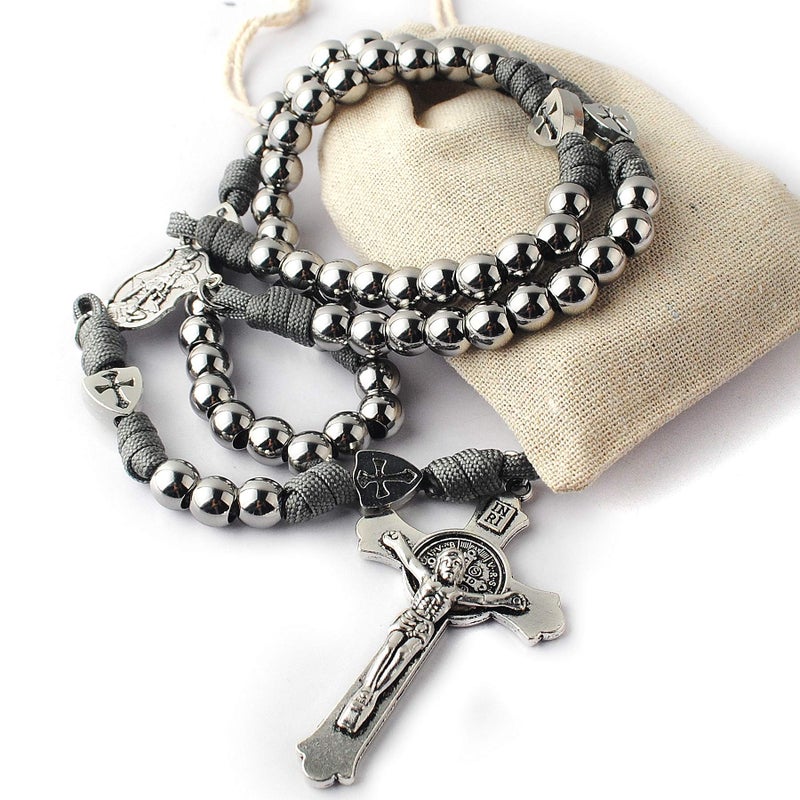 HanlinCC Large and Heavy Stainless Steel Beads Rugged Durable Paracord Rosary Necklace for Men with St.Michael Center Piece and St.Benedict Crucifix (Grey Paracord Rosary) - Image 5
