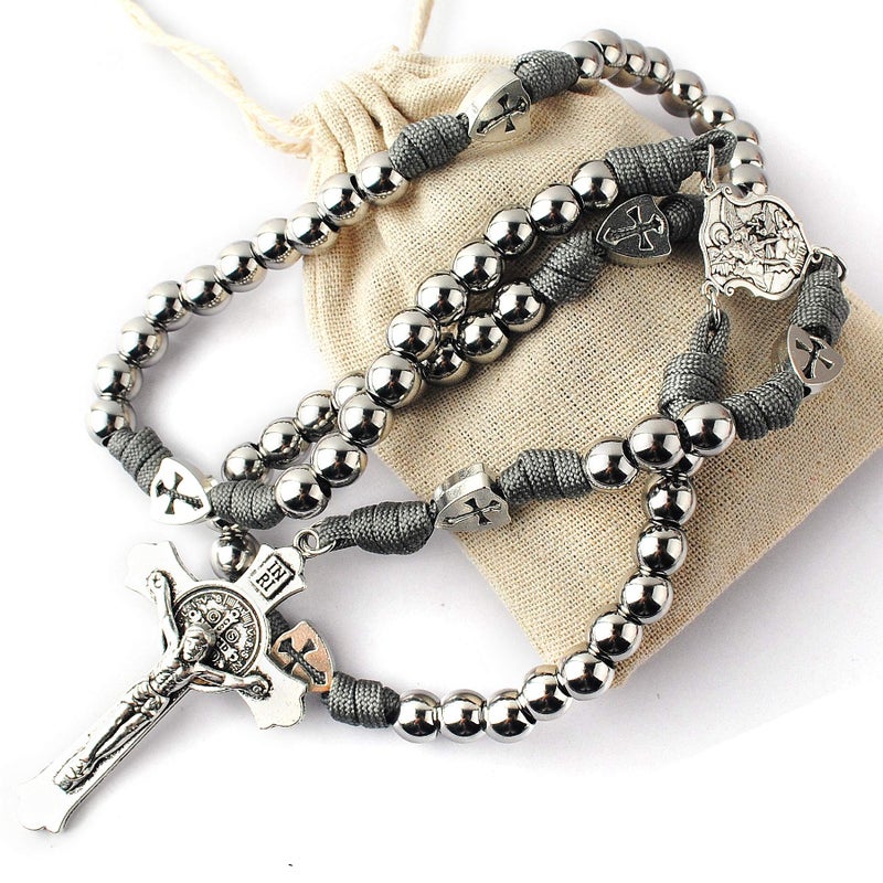 HanlinCC Large and Heavy Stainless Steel Beads Rugged Durable Paracord Rosary Necklace for Men with St.Michael Center Piece and St.Benedict Crucifix (Grey Paracord Rosary) - Image 4